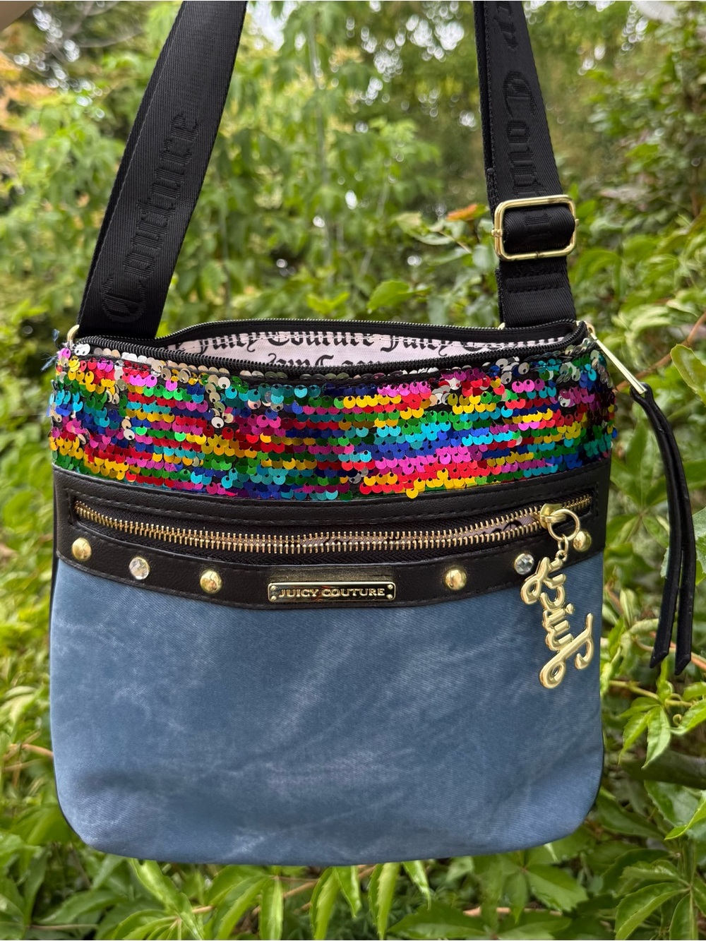 Juicy Couture Disco Denim Rainbow Sequin Crossbody Bag Blue Y2K